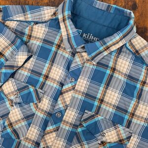 KUHL Eluxor Short Sleeve Shirt Mens S Blue Plaid Pearl Snap Technical Hiking